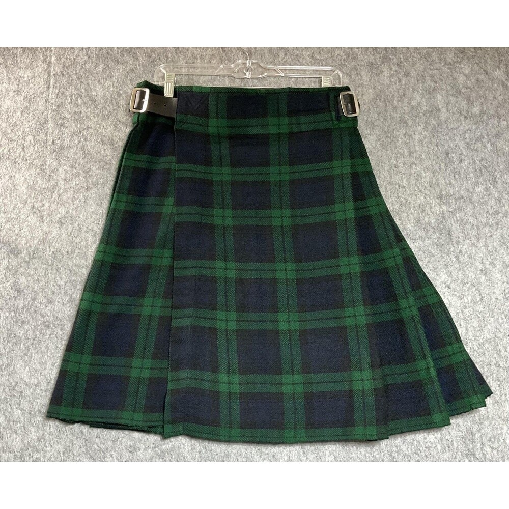 Scottish Design Tartans Skirt Women 30 Green Plaid Tweed Kilt Adjustable Buckle*